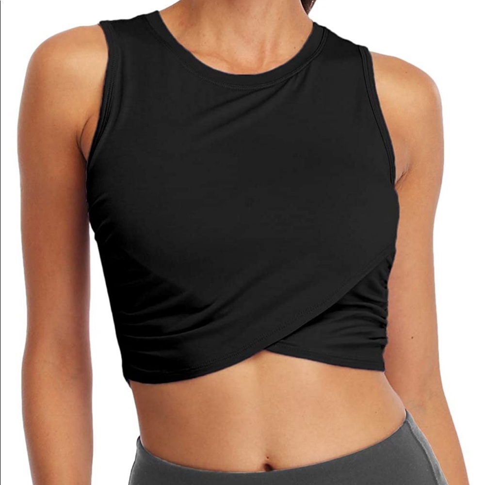 2/14$!NWOT Amazon stretchy black XL cropped tulip/wrap tank w/ruched sides.